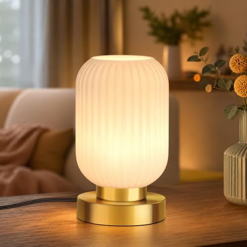 Mid Century Modern Table Lamp with Milk White Ribbed Glass Shade,Touch Control & 3 Way Dimmable, Small Gold, Vintage Bedside Lamp for Bedroom, Living Room,Office (Bulb Included) by LEDIKON