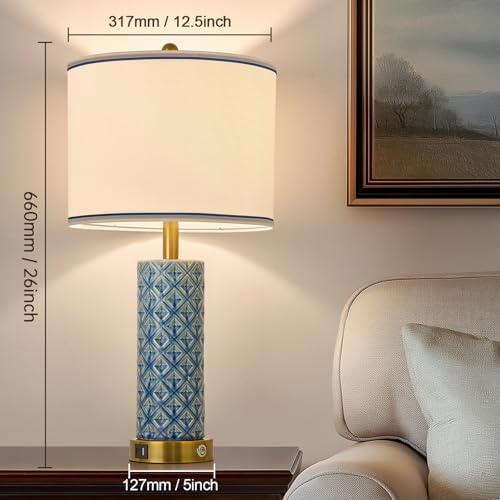 Set of 2 Table Lamp for Living Room Bedroom Farmhouse,26'' Touch Control Bedroom Aqua Blue Ceramic Lamps 3-Way Dimmable Bedside Lamps with USB A+C Ports Linen Shade for Home - Image 6