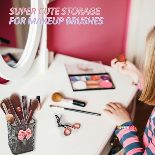 Pen Holder for Desk Cute Acrylic Makeup Brush Holder, Woven Texture with Bow Decor, Desk Stationery Desktop Caddy Cosmetic Accessories for Office, Home, School, Kitchen - Smokey Grey - Image 3