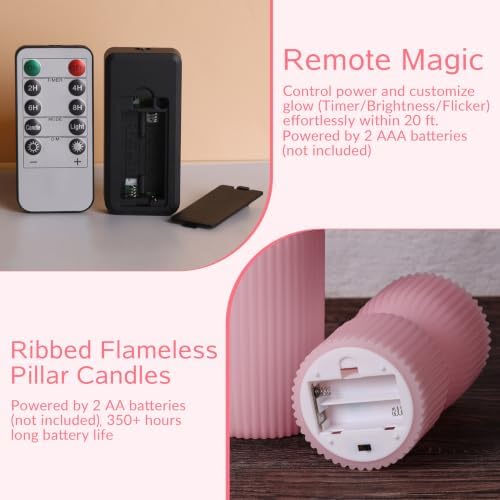 Pink Ribbed Flameless Pillar Candles with Remote Set of 2 - Image 3