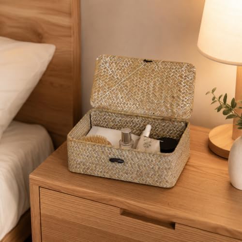 Seagrass Wicker Storage Basket with Lid, Small, Whitewash - Image 4