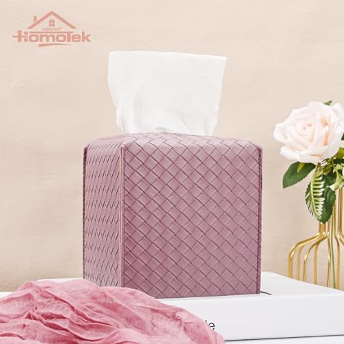 HOMOTEK 2 Pack Tissue Box Cover, Square PU Leather Tissue Holder, Decorative Facial Tissue Cube Paper Organizer Dispenser for Bathroom, Night Stands, Desk, Car 5X5X5'' - Woven Waffle,Plum Red - Image 4