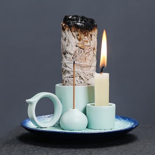4 in 1 Ceramic Incense Burner Holder with Handle for Burning Sage, Palo Santo Stick, Joss Sticks, Candle in Your New House, Office, Yoga, Meditation Room (Sky Blue) by YIENENG
