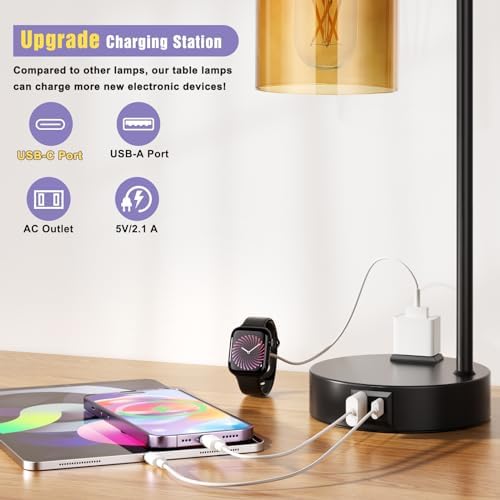 Industrial Touch Nightstand Lamps for Bedrooms Set of 2 - 3-Way Dimmable Table Lamps with USB C+A Ports and Outlet, Bedside Lamps with Amber Glass Shade for Living Room, Desk Lamps for Home Office - Image 3