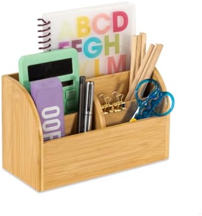 OSCO Bamboo Organiser | 6 Compartments | Office Tidy | Stationery Storage | Pen Holder | Makeup sorter | Cosmetics Display | H14.3 x W23.3 x D10.3 cm | by Osco