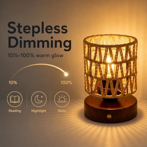 Cordless Operated Rattan Lamp, 5000mAh Rechargeable Dimmable Handwoven Open Weave Drum Table Lamp with Edison Bulb, Boho Nightstand Light for Bedroom Home Decor - Image 3