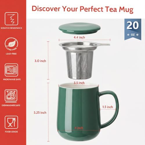 Sweese 20 OZ Porcelain Tea Mug with Infuser and Lid, Sage Green Tea Cup, Gifts for Tea Lover - Sage Green - Image 2
