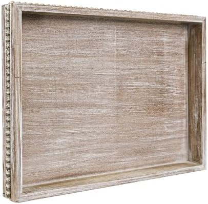 Wooden Decorative Tray, Rectangular Serving Tray with Wood Bead, Farmhouse Big Tray for Ottoman, Countertop, Coffee Tabl, 16.5" x 13"x 1.6" (White Washed) by CEDARLUX
