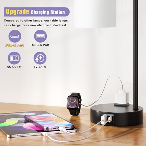 Industrial Touch Bedside Lamps for Bedrooms Set of 2 - 3-Way Dimmable Nightstand Lamps with USB C+A Ports and Outlet, Table Lamps with Opal Glass Shade for Living Room, Desk Lamps for Home Office - Image 3