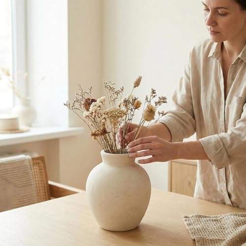 Rustic Terracotta Pot, Off-White Ceramic Flower Vase 6.1 Inch, Farmhouse Boho Centerpiece for Home Decor, Living Room, Table, Shelf, Mantel & Bathroom - Image 4
