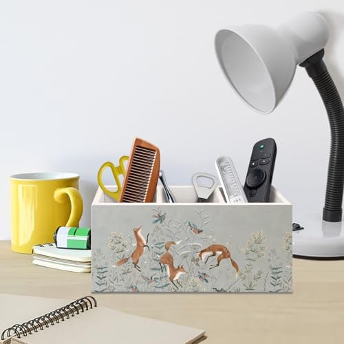 Vintage Fox Wooden Pen Pencil Holder for Desk Accessories, Fox Gifts for Women, Woodland Foxes and Birds Floral Botanical Wood Makeup Brush Toothbrush Holder Organizer for Vanity Bathroom - Image 5