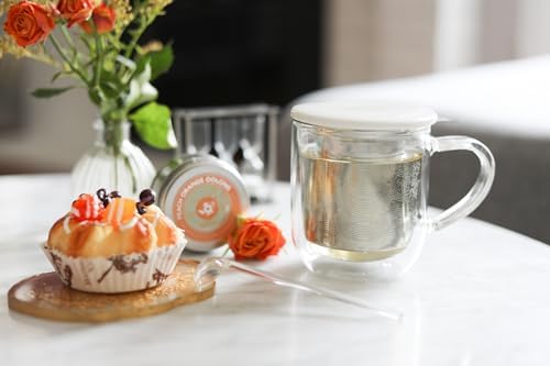 Teabloom Tea-For-One Steeping Mug – Insulated Double Wall Glass Mug (12 oz), Stainless Steel Infuser, Porcelain Lid/Coaster – Radiance Brewing Mug - Image 3