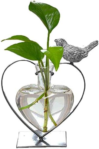 Marbrasse Desktop Glass Vase, Bulb Glass Vases for Holder, Creative Bird with Heart Planter Vase, Plant Terrarium Metal Stand for Modern Office Home Wedding Decorations by Marbrasse