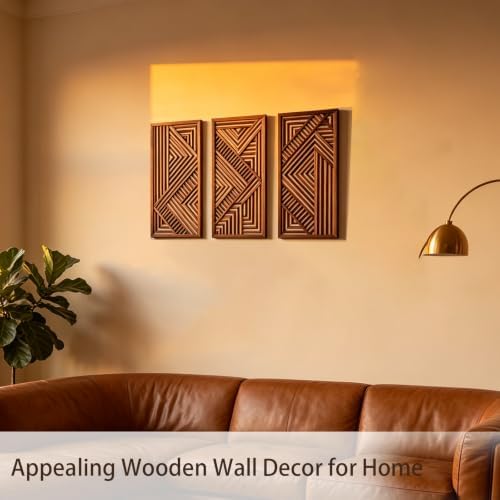 Fajarshine Geometric Wooden Wall Art Set of 3 - Modern Abstract Wood Wall Decor, Rustic Farmhouse Wall Sculptures for Living Room, Bedroom, Office - Natural Acacia Wood - Image 3