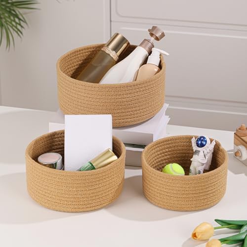 Small Basket Cotton Rope Woven Baskets for Organizing Cute Mini Tiny Baskets for Nursery Decorative Boho Round Storage Bathroom Organization Bin Open Storage Bins (Brown) - Image 6