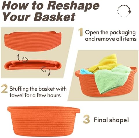 Pro Goleem Small Woven Basket with Gift Bags and Ribbons Durable Baskets for Gifts Empty Small Rope Basket for Storage 12"X 8" X 5" Baby Toy Basket with Handles, Orange - Image 7