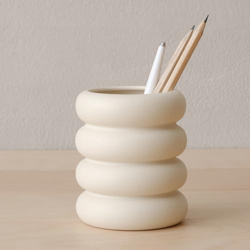 WENSHUO Ceramic Pen Holder, Pencil Holder, Cute Makeup Brush Holder, Crème by WENSHUO
