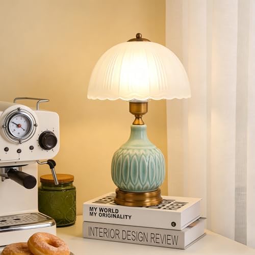 Table Lamps Ceramic Retro Lamp for Living Room,15." Modern Bedside Nightstand Traditional Lamps, Classic Chinoiserie Green Glass Lamp for Home (Retro) - Image 2