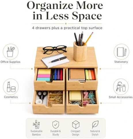 Bamboo Desk Organizer with Drawers, 4-Drawer Wooden Desk Organizer - Image 4