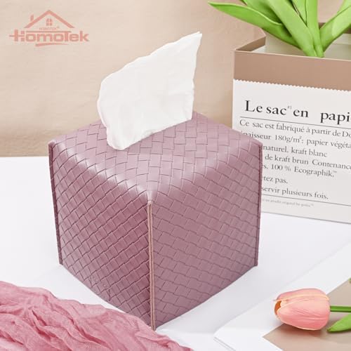 HOMOTEK 2 Pack Tissue Box Cover, Square PU Leather Tissue Holder, Decorative Facial Tissue Cube Paper Organizer Dispenser for Bathroom, Night Stands, Desk, Car 5X5X5'' - Woven Waffle,Plum Red - Image 3
