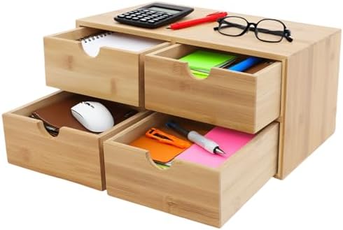 Small Desk Drawer Organizer, Bamboo Mini Desktop Drawer, Wood Tabletop Storage Organizer Box for Office Home Dormitory Toiletries Cosmetics Supplies, No Assembly Required (4 Drawers) by MARTEXBUY