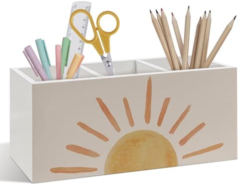 Boho Sun Pen Pencil Holder, Boho Desk Accessories, Mid Century Modern Minimalist Abstract Sun Sunset Wooden Pen Pencil Organizer for Home Office Desk Decor by Foyoulame