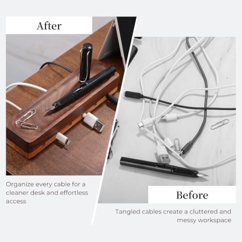 Magnetic Cord Holder with 6 Slots - Walnut & Beech Wood Cable Organizer for Lightning, USB, USB-C, Stick-on Design for Desk, Under Desk, Nightstand - Image 7
