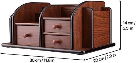 Flexzion Wooden Desk Organizer w/Drawers - Classic Wood Office Supplies Accessories Desktop Tabletop Sorter Shelf Rack Cherry Brown Pencil Holder Caddy Set with 3 Drawers, 3 Compartments & 2 Shelves - Image 4