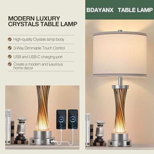 3-Way Dimmable Table Lamp Set of 2,Touch Control Lamp with Night Light,Modern Crystal Table Lamps for Bedroom,Living Room，Bedside Lamps with USB A+C Ports，Fabric Lampshade(Blubs Included) - Image 4