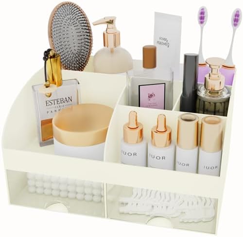 Makeup Organizer with Drawers, Cosmetic Storage for Dresser Vanity and Bathroom Countertop, Beauty Holder for Lipstick Brush, Skincare Organizer for Vanity, Cosmetic Display Case (Ivory) - Image 2