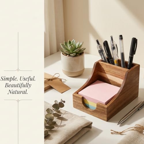Acacia Wood Pen Pencil Holder 3x3 Inch Sticky Note Organizer - Image 7
