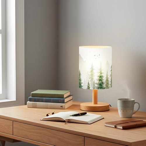VIHOSE Bedside Table Lamp Table Lamp Vintage Nightstand with Linen Fabric Shade Solid Wood Base Decoration for Kids Living Room Bedroom Desk Dorm(Forest,Green) - Image 3