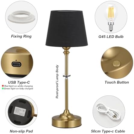 Kakanuo Cordless Table Lamps Rechargeable Set - 2 Pack Brass 4000mAH Battery Operated Lamps for Decor, 3000K Stepless Dimming Touch Wireless Lamp for Bedroom, Dining Table, Living Room, Black Shade - Image 6