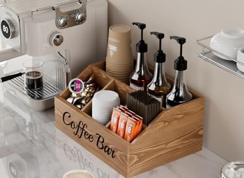 Coffee Station Organizer for Countertop – Wooden Coffee Bar Organizer with Adjustable Dividers,Holds K Cup Pod & syrup bottles, for Kitchen, Office, or Bar and Tea Station, Brown - Image 2
