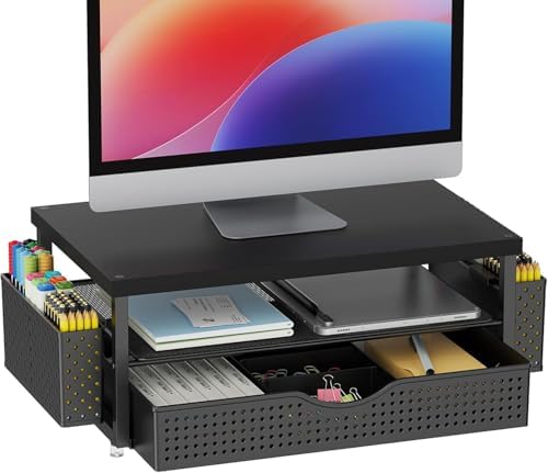 gianotter Desk Organizers and Accessories, Monitor Stand with Drawer and 2 Pen Holder, Desktop Organizer Suitable for Offices and Dormitories (Matte Black) by gianotter