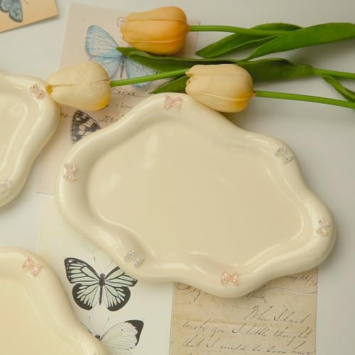 Jewelry Dish Trinket Tray for Women, Ring Dish Holder, Unique Cloud Shape Ceramic Plate Cute Things Vanity Aesthetic Room Decor Mother's Day Birthday (Bow Cream) - Image 5