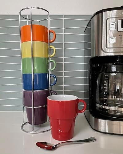 gypsy color 12 oz Cappuccino Stacking Mug Set with Metal Stand, Set of 6 - Image 3