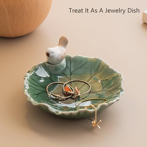 Cute Bird Lotus Ceramic Trinket Dish,Jewelry Ring Dish, Ceramic Trinket Tray, Key Bowl, Dessert Plate,Bathroom Decoration (White) - Image 3