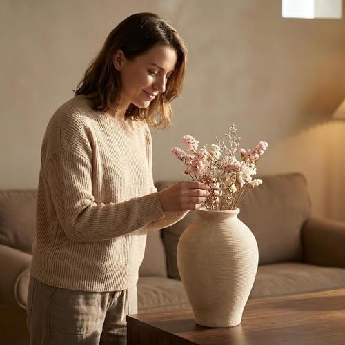 Large 9 Inch Ceramic Vase, Farmhouse Rustic Table Centerpiece, Vintage Floor Vase for Dried Flowers, Home Decor for Living Room, Mantel, Bookshelf & Office - Image 6