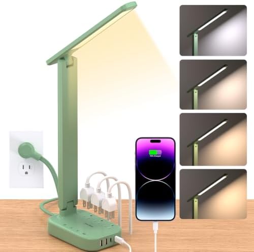 LED Desk Lamp Power Strip with 4 USB 3 Outlets, Dorm Room Essentials, Green by OneBeat