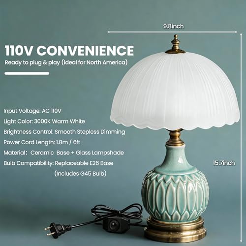 Vintage Green Ceramic Small Table Lamp with White Glass Shade - Image 7