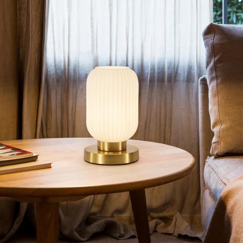 Rechargeabl White Glass Table Lamp,Vintage Ribbed Bedside Lamp - Image 3