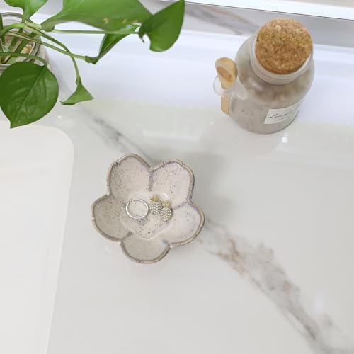 Flower Ring Dish Holder,Jewelry Dish Tray,Small Trinket Tray,Jewelry Plate Bowl,Key Bowl,Decorative Plate,Mothers day Birthday Gifts for Women Friends,Ceramic Kiln effect Grey - Image 4