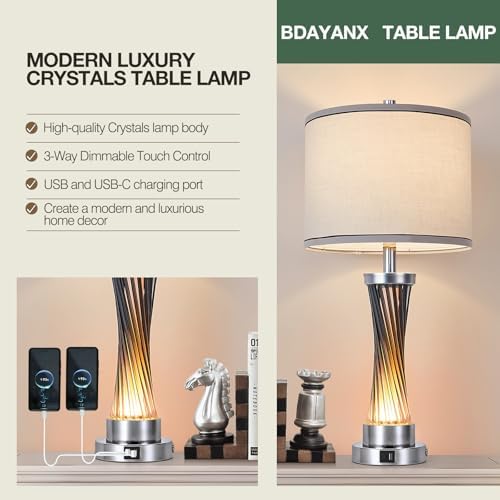 3-Way Dimmable Table Lamp Set of 2,Touch Control Lamp with Night Light,Modern Blue Crystal Table Lamps for Bedroom,Living Room，Bedside Lamps with USB A+C Ports，Fabric Lampshade(Blubs Included) - Image 4