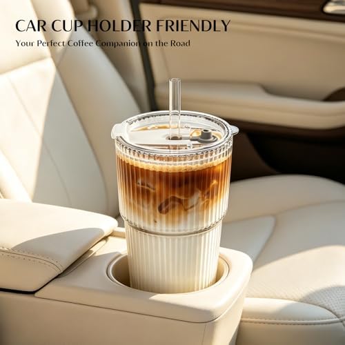 INSETLAN 8-Piece Glassware Set – 20 oz Ribbed Glass Tumblers with Lids and Glass Straws, Heavy-Duty Tumblers, Ideal for Iced Coffee, Smoothies, Cocktails, and Juices – Elegant and Durable Drinkware - Image 6