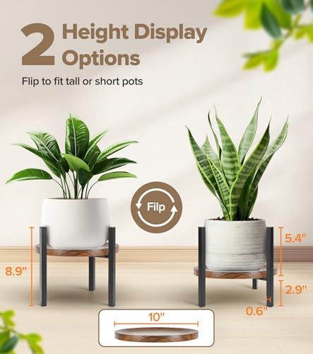 Plant Stand Indoor Adjustable with Walnut Wood Tray, Metal Modern Indoor Plant Stand, Heavy Duty Plant Stands Outdoor Corner, Stable Plant Holder, Fits 8 to 12 Inches Pots, Black, 1 Pack - Image 2