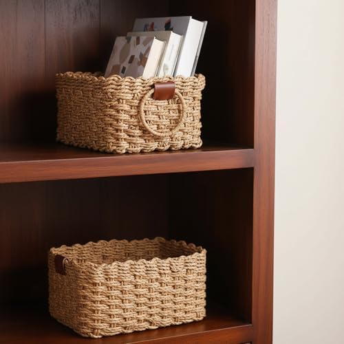 Small Wicker Basket Set of 3, Handwoven Paper Rope Storage Baskets with Leather Handles, Decorative Organizing Bins for Home, Desk, Bathroom & Gifts (Beige) - Image 7