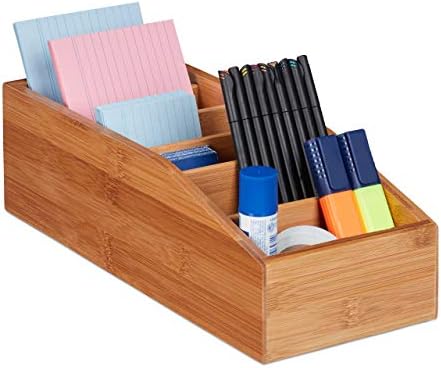 Relaxdays Bamboo Storage Box, 6 Compartments, Universal Organiser Box for Office, Bathroom, Kitchen, HxWxD: 10 x 14 x 35 cm, Natural by Relaxdays