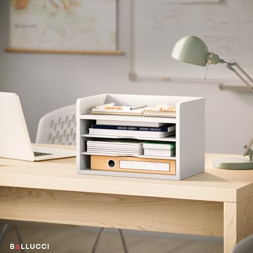 Ballucci File Organizer, 4-Tier Office Desk Organizer, Open Top Wood Paper Organizer for Classroom, Desktop Mail Sorter Paper Tray, White - Image 6