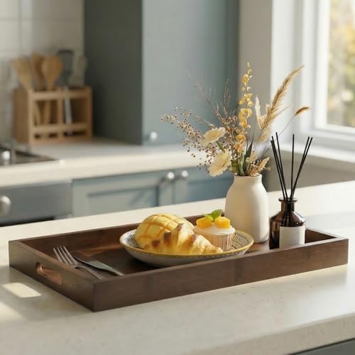 14.9''x10.2''x1.57'' Bamboo Wooden Tray with Handles, Rectangular Natural Solid Wood, Walnut Dark Brown Color Serving Tray.Suitable for Kitchen,Bedroom,Breakfast,Coffee,Decorative,Party Bars. - Image 4